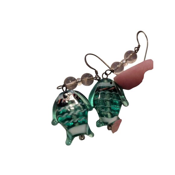 Handcrafted Glass Fish Earrings Beaded Accents Green & Clear Colors - Unique Oce - Picture 4 of 4